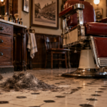 Sol carrelé d’un salon de coiffure ancien, cheveux gris balayés en petit tas au pied d’un fauteuil vide