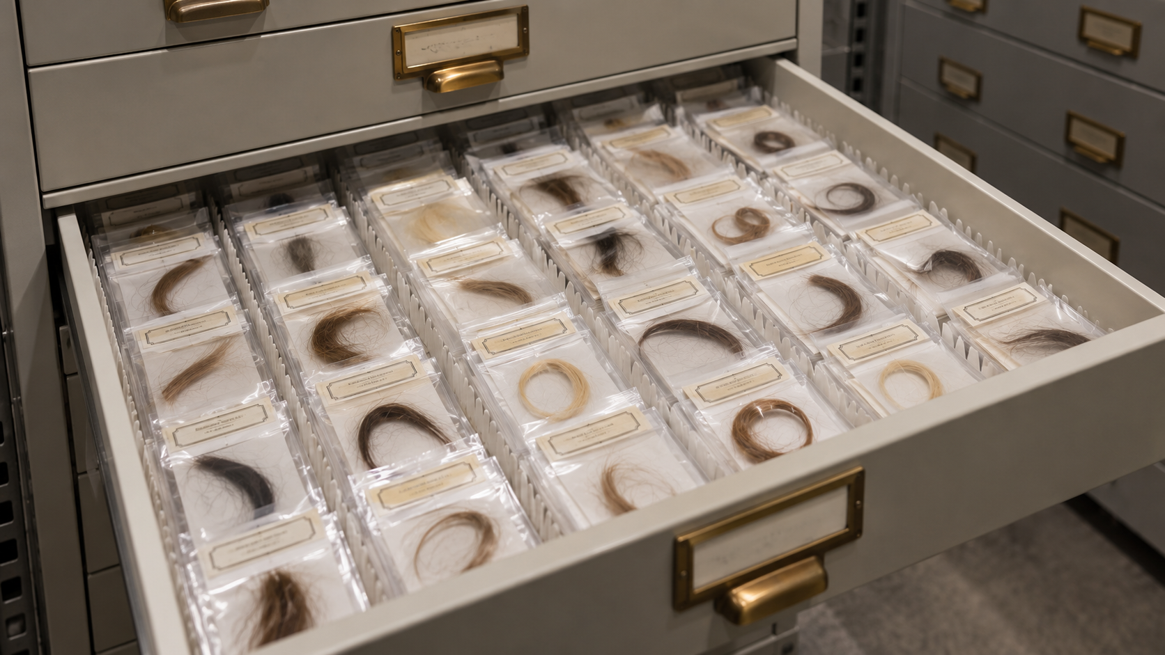 Tiroir d’archives contenant des pochettes transparentes étiquetées renfermant chacune une fine mèche de cheveux