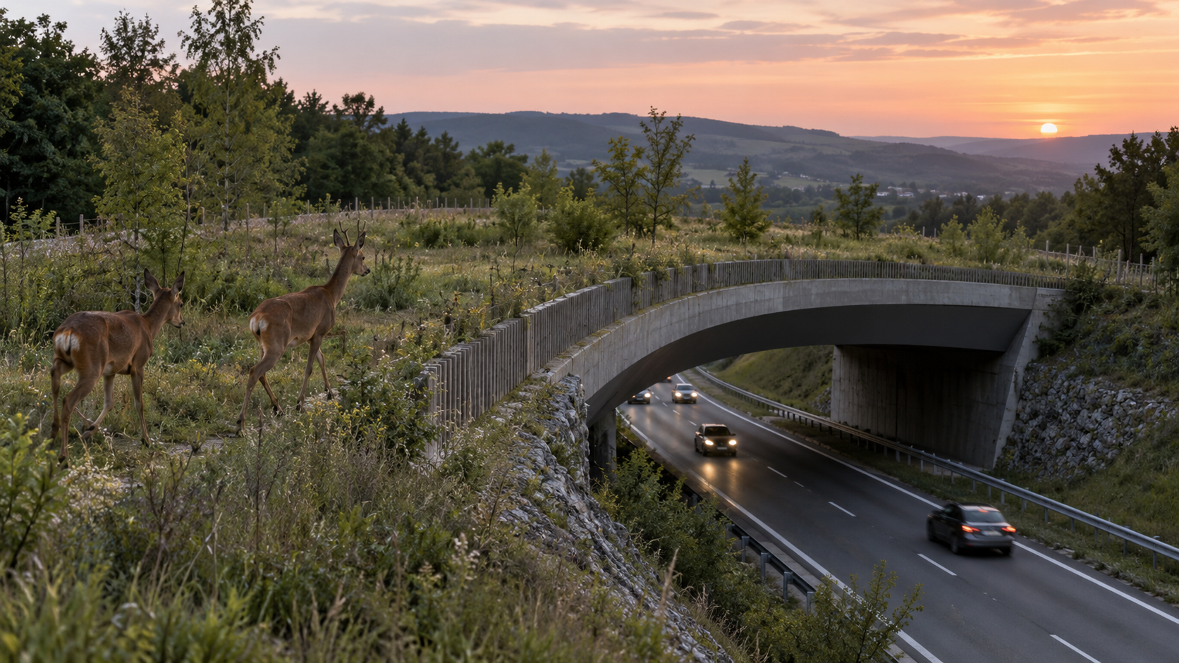 Un écopont planté d’herbe et de jeunes arbres franchit une autoroute française à deux fois deux voies, deux chevreuils s’engagent sur le tablier au crépuscule.