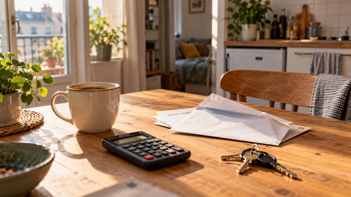 Table de cuisine d'un petit studio : une calculatrice, un jeu de clés, une enveloppe ouverte et une tasse de café dans la lumière du matin.
