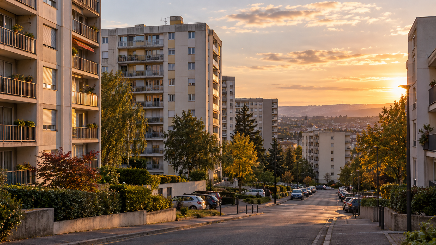 Rue d'immeubles de logement collectif des années 1970 dans une ville moyenne, en fin d'après-midi.