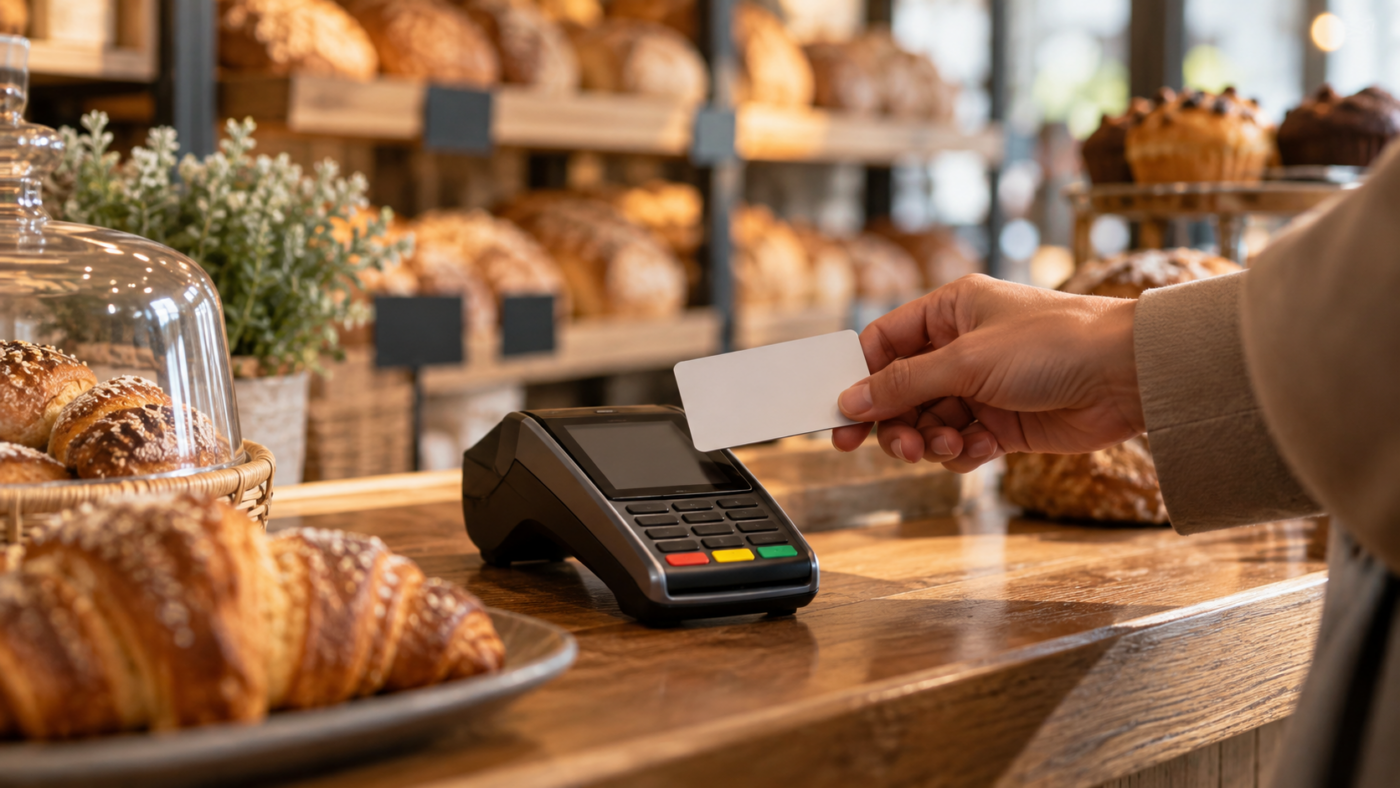 Une main approche une carte bancaire d’un petit terminal de paiement posé sur le comptoir d’une boulangerie, étagères de pain floues à l’arrière-plan.