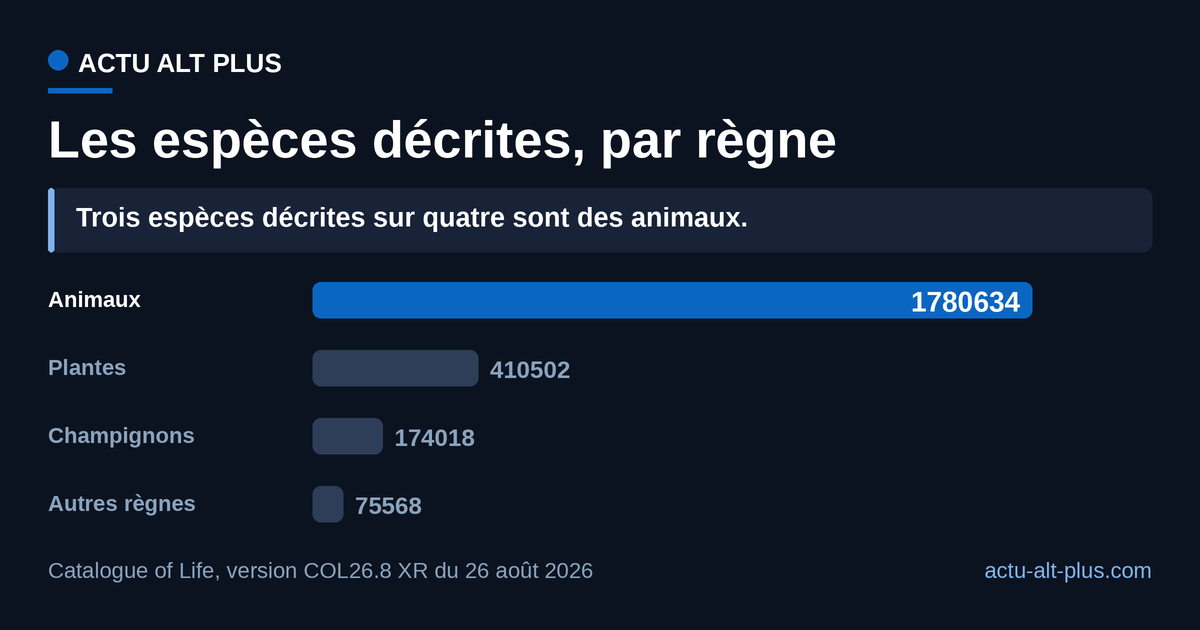 Les animaux représentent 73 % des 2 440 722 espèces décrites au Catalogue of Life. Les autres règnes rassemblent chromistes, protozoaires, bactéries, archées et virus.