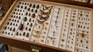 Tiroir de collection entomologique ouvert, rangées d’insectes épinglés et petites étiquettes de papier.