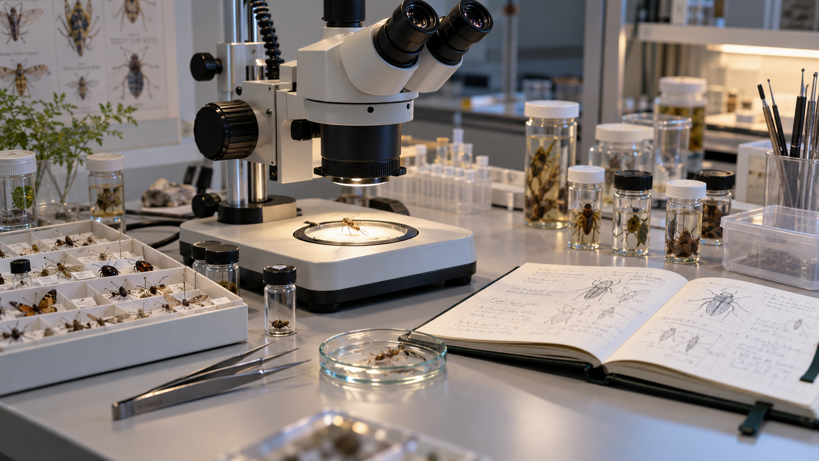 Paillasse de laboratoire avec loupe binoculaire, flacons d’échantillons, pinces fines et carnet ouvert.