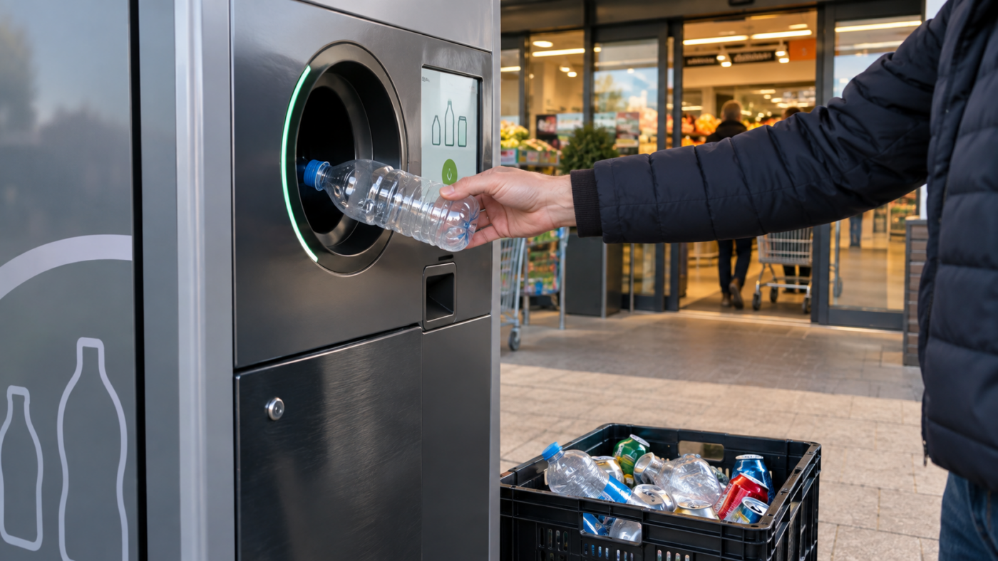 Automate de déconsignation avalant une bouteille en plastique vide à l'entrée d'un supermarché, caisse d'emballages vides posée au sol