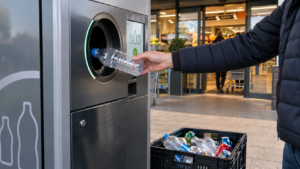 Automate de déconsignation avalant une bouteille en plastique vide à l'entrée d'un supermarché, caisse d'emballages vides posée au sol