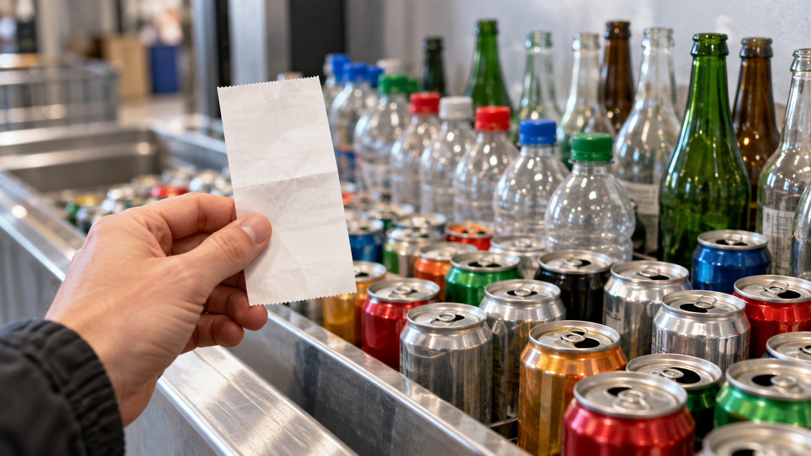 Main tenant un ticket de déconsignation devant une rangée de bouteilles et de canettes vides alignées