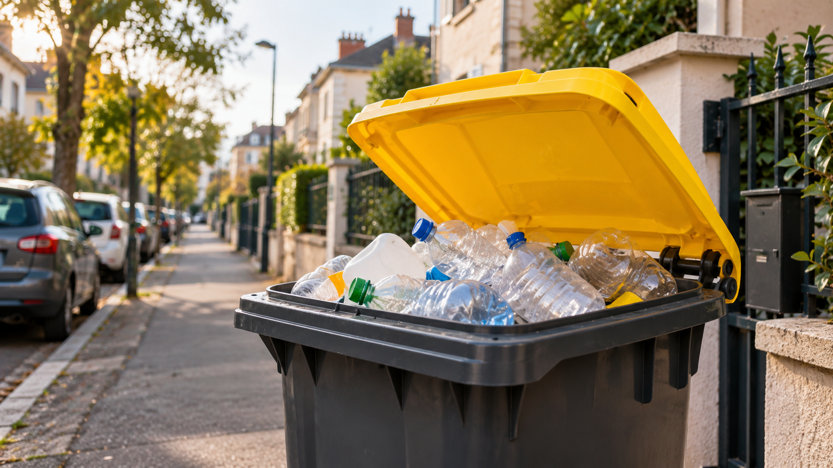 Bac de tri à couvercle jaune posé sur un trottoir de rue résidentielle française, bouteilles en plastique vides à l'intérieur