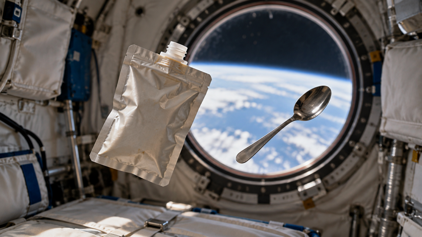 Une poche de nourriture scellée et une cuillère flottent en apesanteur devant le hublot rond d’un module spatial.