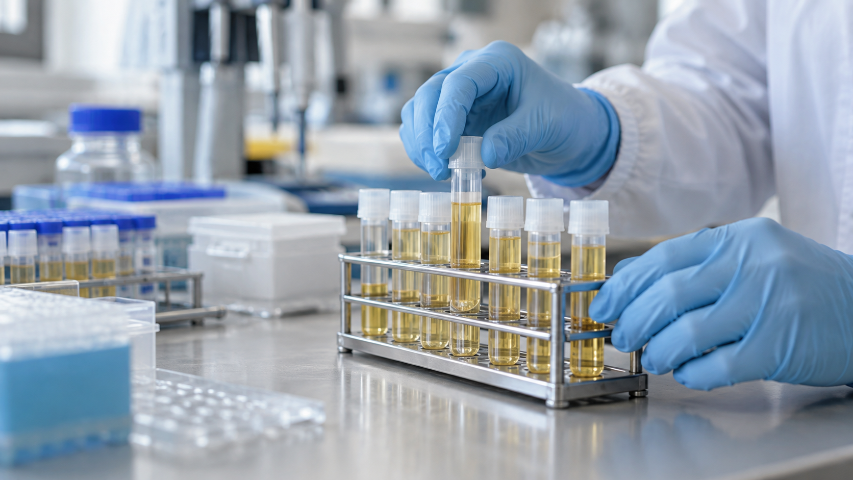 Des mains gantées rangent de petits tubes de plasma jaune pâle dans un portoir métallique de laboratoire.