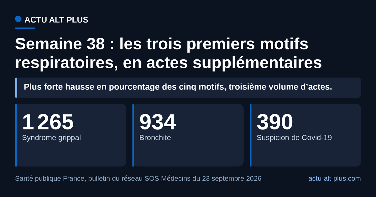 Le Covid-19 signe la plus forte progression en pourcentage des cinq motifs respiratoires suivis (+76 %), mais 3,2 fois moins d’actes supplémentaires que les syndromes grippaux. France entière, réseau SOS Médecins, semaine du 14 au 20 septembre 2026.