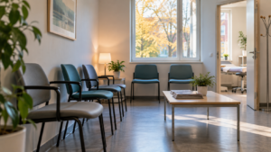 Salle d’attente vide d’un cabinet de médecine générale, chaises alignées le long d’un mur clair, lumière d’automne par une fenêtre