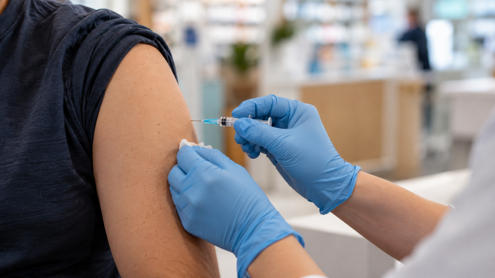 Gros plan sur un avant-bras adulte recevant une injection au comptoir d’une pharmacie, mains gantées, arrière-plan flou
