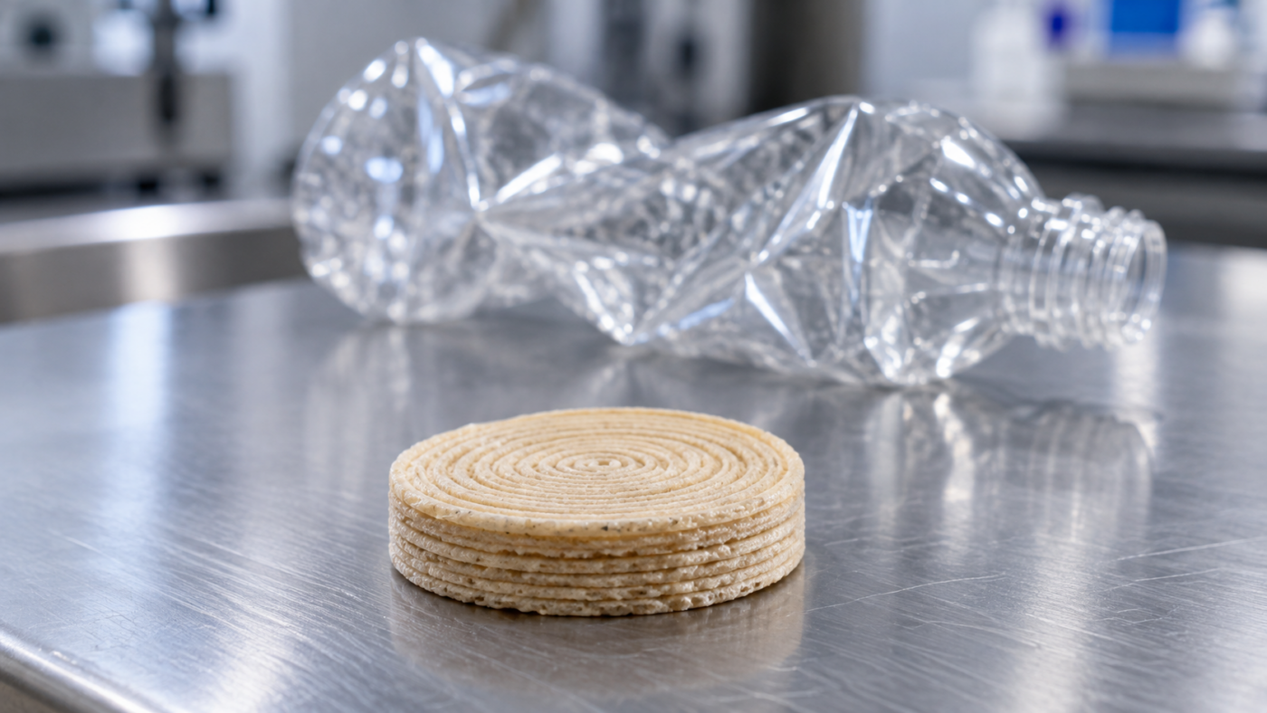 Petit disque beige imprimé en 3D posé sur une paillasse en inox, une bouteille en plastique écrasée floue en arrière-plan.