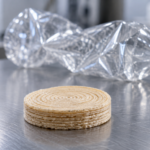 Petit disque beige imprimé en 3D posé sur une paillasse en inox, une bouteille en plastique écrasée floue en arrière-plan.