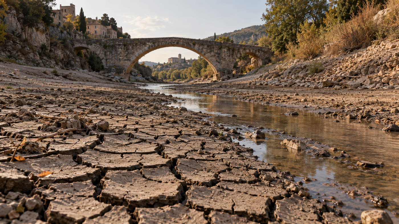 Lit de rivière européen presque à sec en fin d’été, vase craquelée et mince filet d’eau sous une arche de pierre.