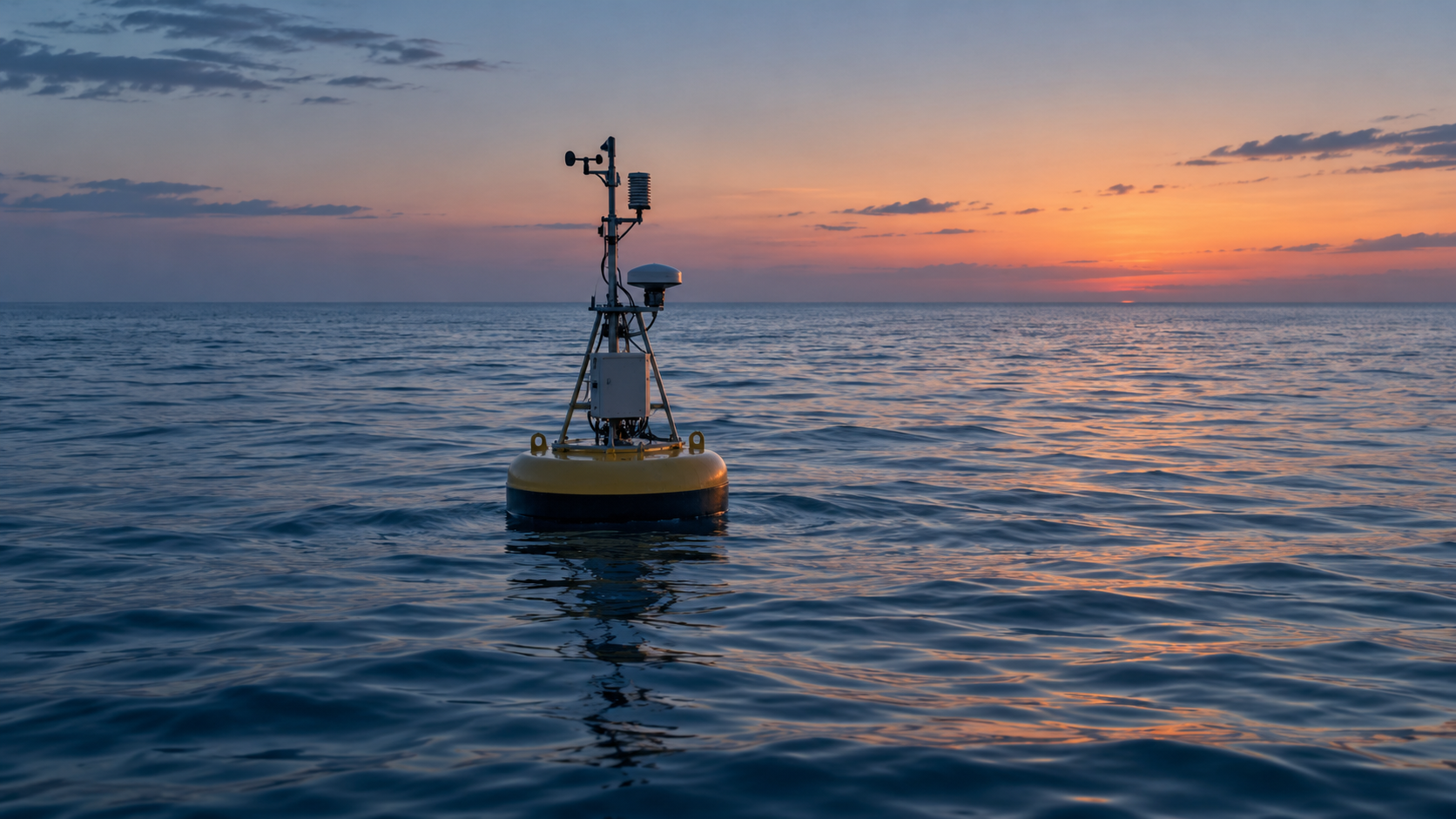 Bouée océanographique dérivant sur une mer calme au crépuscule, au large de toute côte.