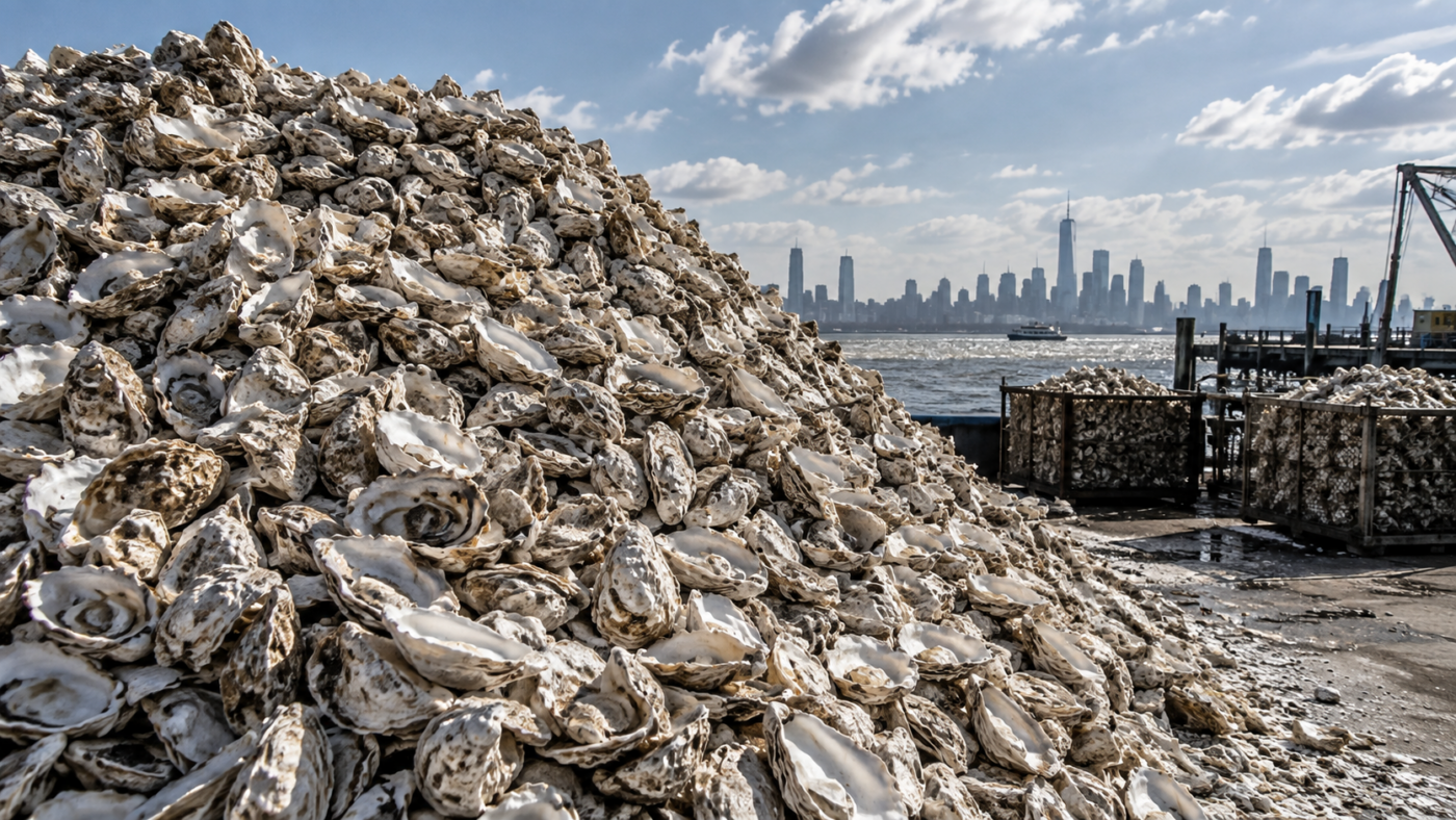 Immense tas de coquilles d’huîtres blanchies séchant à l’air libre sur une île portuaire venteuse, avec la ligne d’une grande ville à l’horizon.