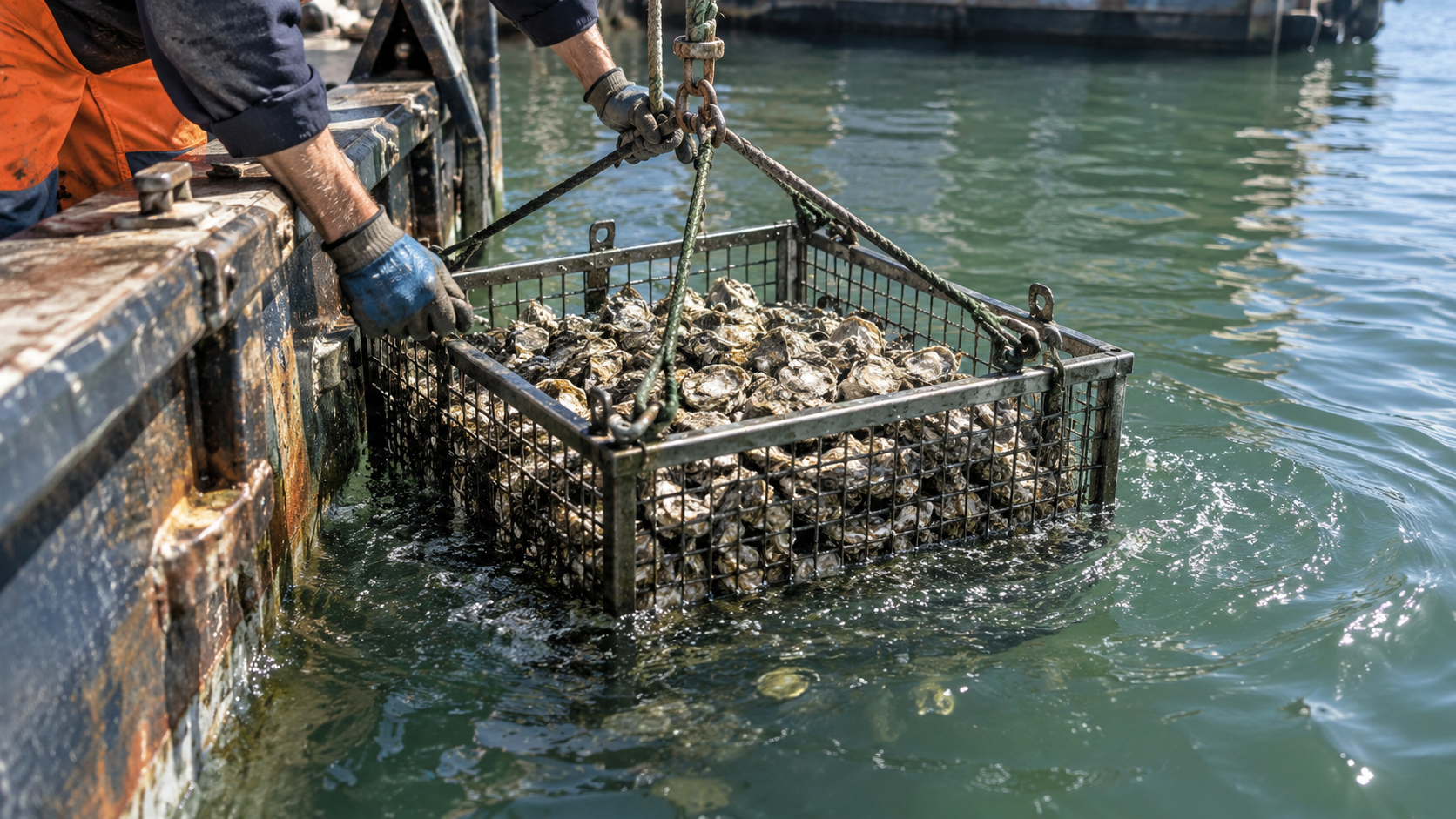 Des mains gantées descendent une cage grillagée remplie de coquilles nettoyées dans l’eau verte d’un port, depuis le bord d’une barge de travail.