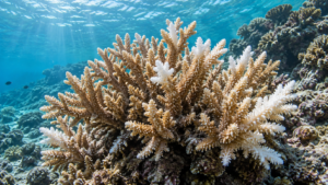 Colonie de corail branchu aux extrémités blanchies dans une eau turquoise très claire.