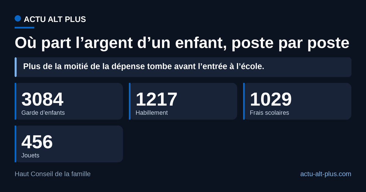 La garde pèse plus que l’habillement, les frais scolaires et les jouets réunis. Ventilation établie sur l’enquête Budget de famille 2011, seul chiffrage public par poste disponible.