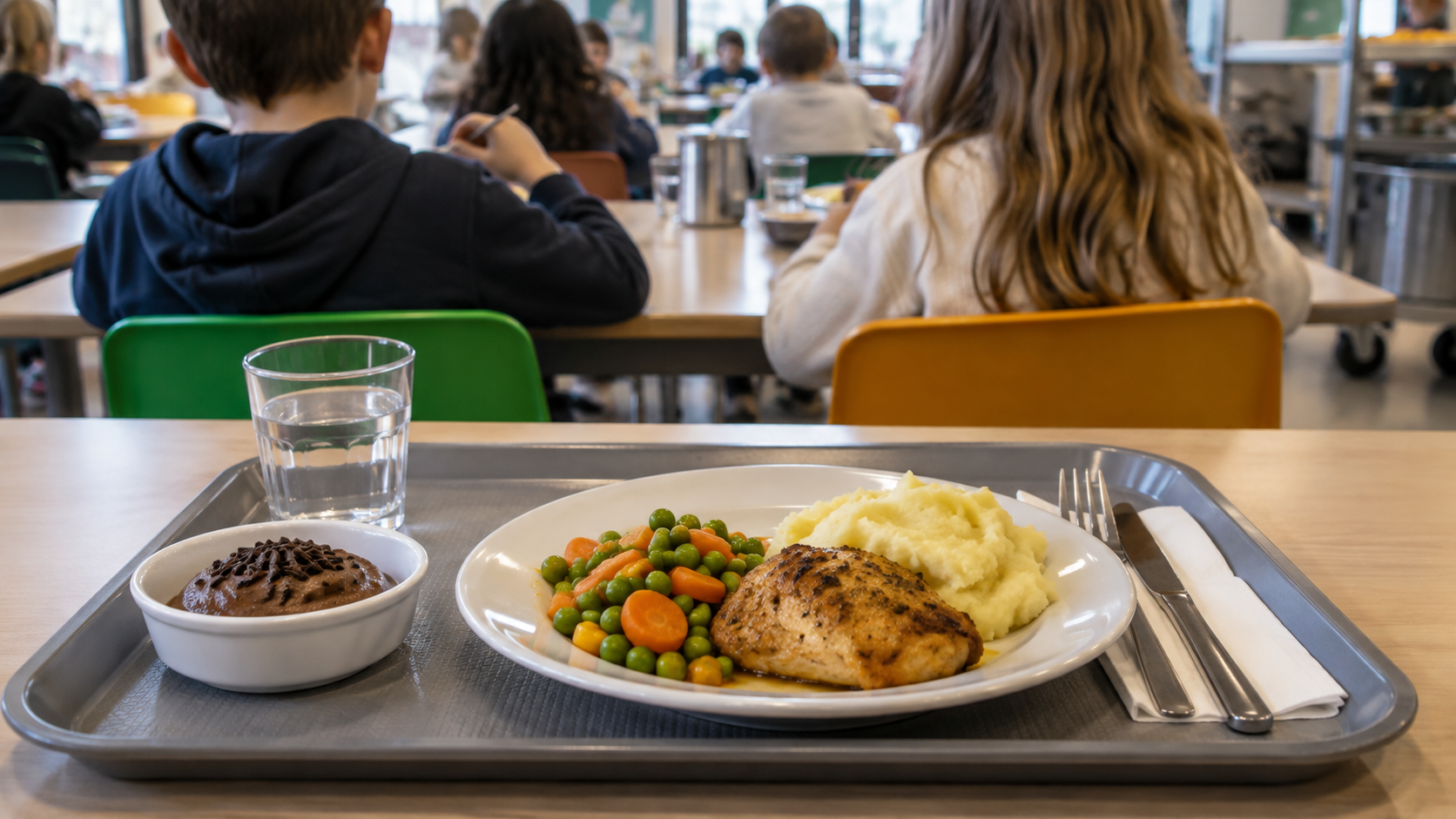 Plateau de cantine avec un plat chaud et un dessert sur une table d’école, seules les mains des enfants sont visibles