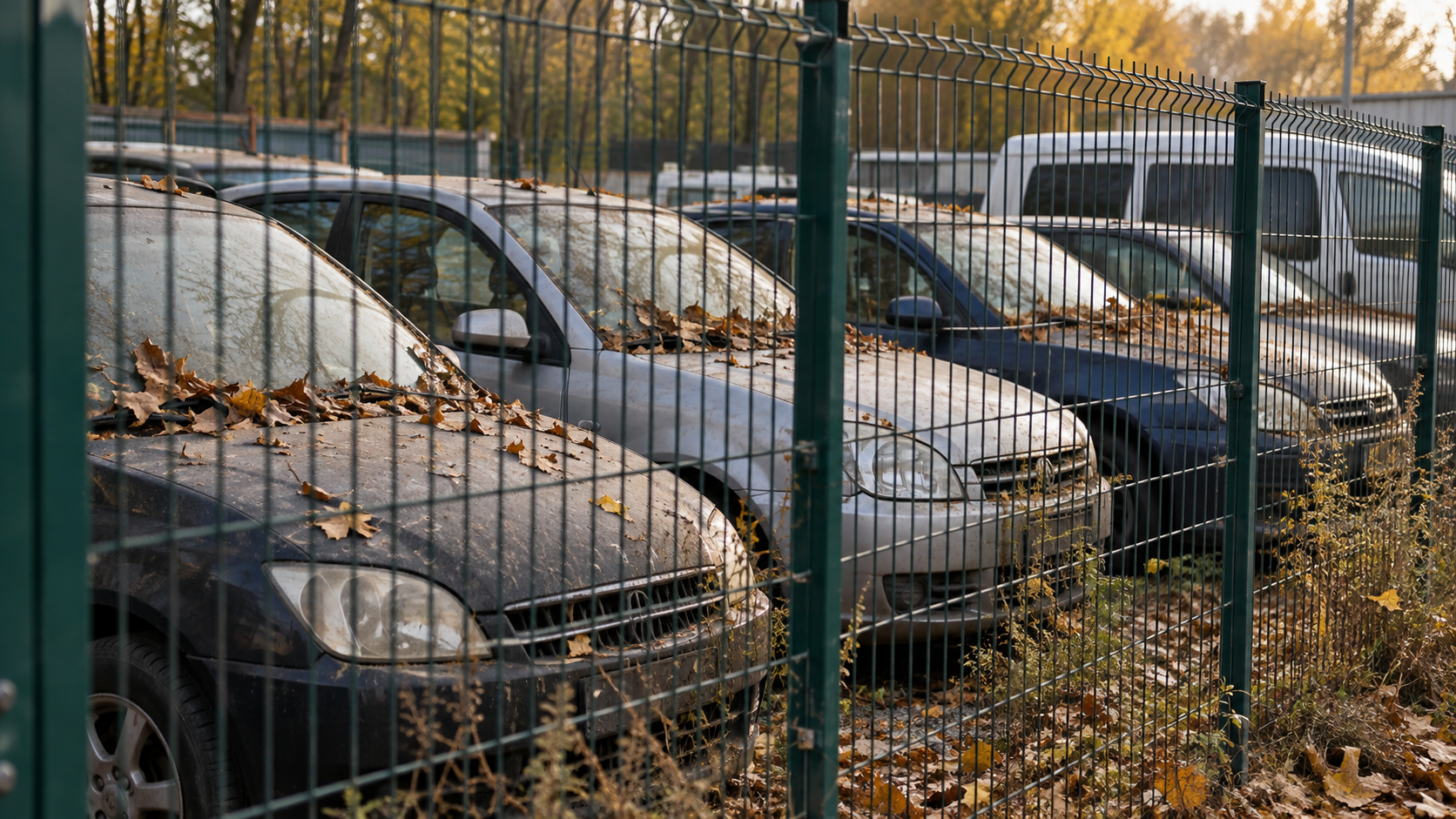 Des voitures poussiéreuses alignées derrière un grillage vert dans un parc de fourrière, des feuilles sèches sur les pare-brise.