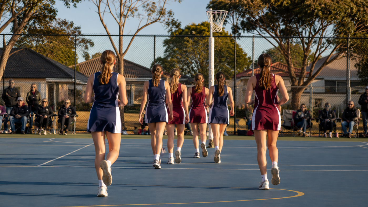 Match de netball sur un terrain extérieur de club en banlieue australienne, joueuses adolescentes et parents installés au bord du terrain.