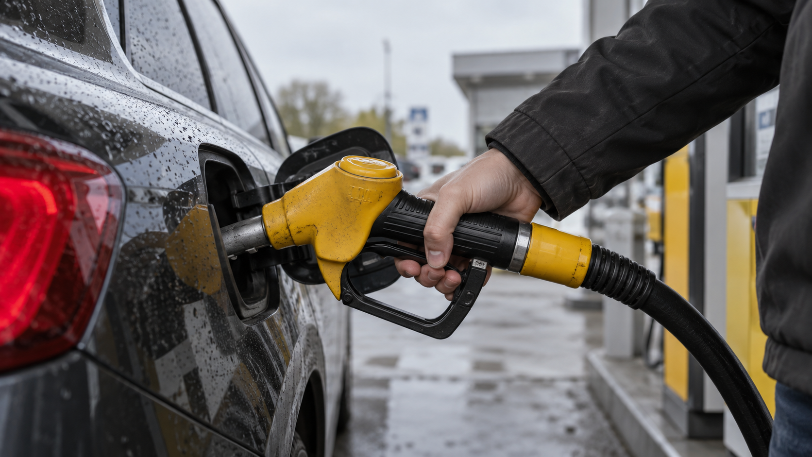 Gros plan sur une main tenant un pistolet de gazole dans le réservoir d’une voiture, à la station, sous une lumière grise du matin.