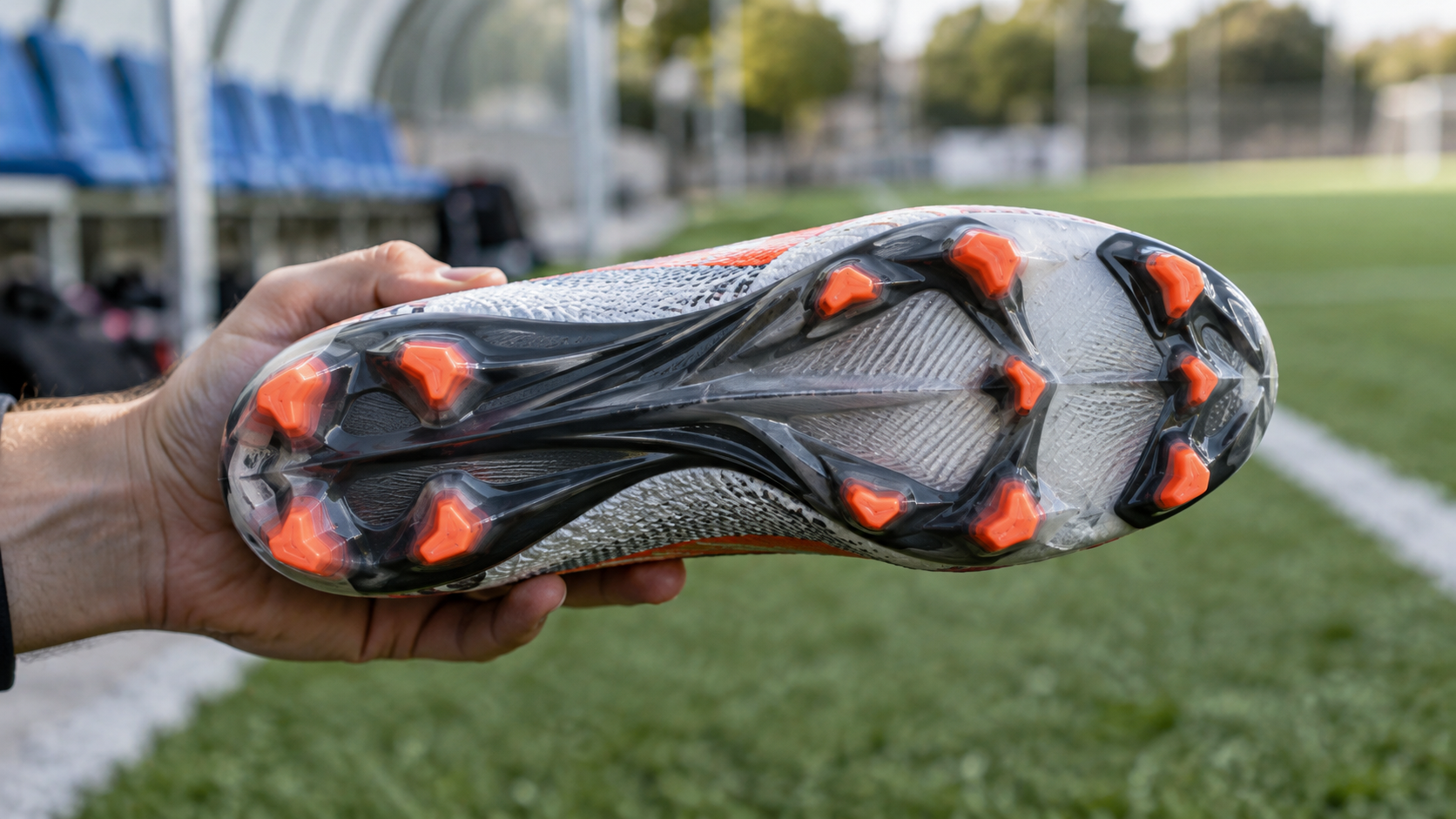 Une main tient une chaussure de foot retournée, semelle et crampons face à l’objectif.