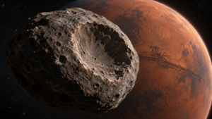 Une petite lune grise et irrégulière portant un cratère énorme sur un de ses flancs, la planète Mars rouge en arrière-plan.