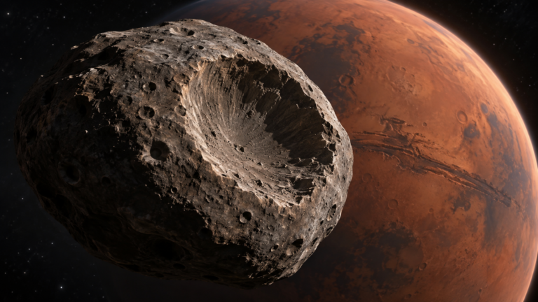 Une petite lune grise et irrégulière portant un cratère énorme sur un de ses flancs, la planète Mars rouge en arrière-plan.
