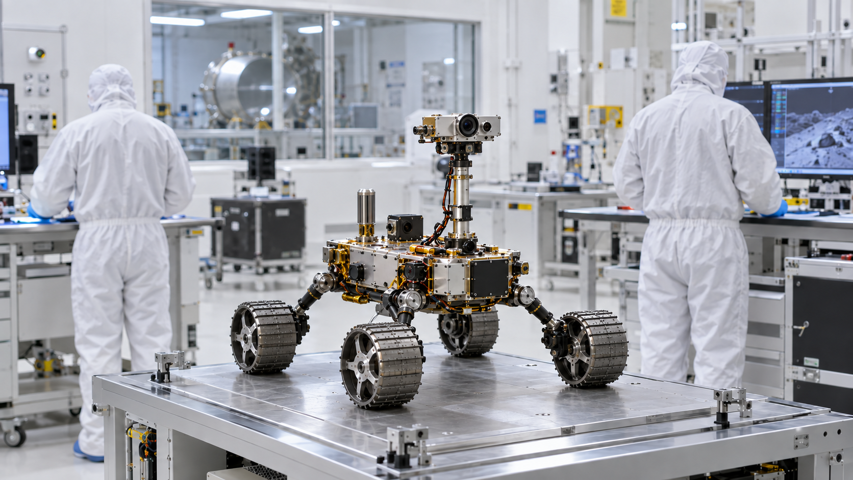 Un petit rover à quatre roues posé sur un banc d’essai en salle blanche, deux techniciens en combinaison intégrale vus de dos.