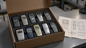 Un carton d’archives ouvert sur une table grise, une dizaine de téléphones portables anciens calés dans de la mousse et un croquis de coque plié à côté.