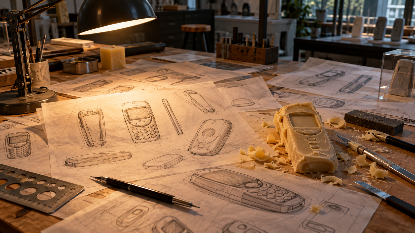 Une table à dessin éclairée par une lampe articulée, des croquis de coques de téléphones sur calque et un modèle en cire déformé.