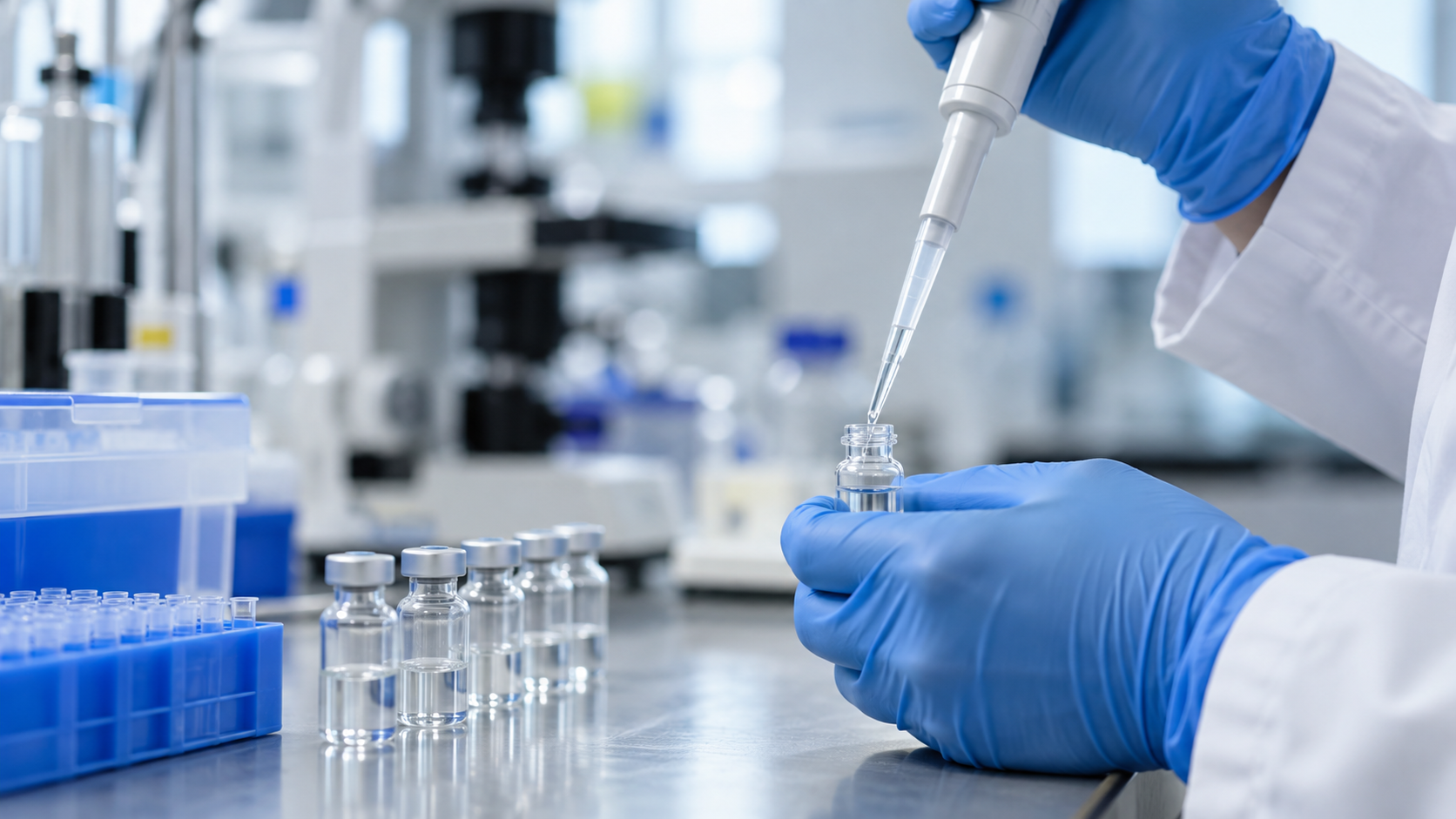 Des mains gantées prélèvent à la pipette un sérum clair aligné en flacons sur une paillasse.