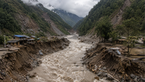 Vallée himalayenne encaissée au Népal, rivière chargée de sédiments et berges arrachées après le passage d’une crue.