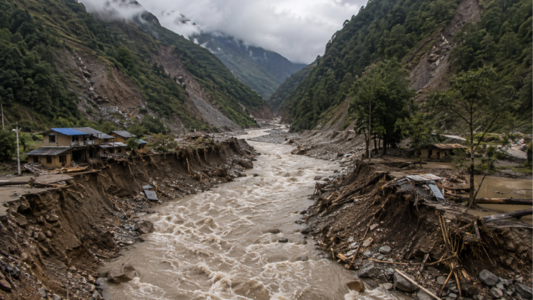 Vallée himalayenne encaissée au Népal, rivière chargée de sédiments et berges arrachées après le passage d’une crue.