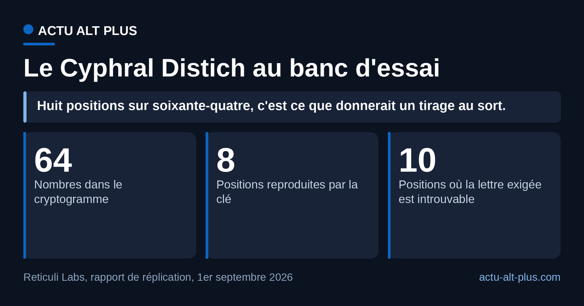 La clé revendiquée reproduit 8 des 64 positions, soit le niveau du hasard. Limite : la réplication s'appuie sur la transcription EEBO-TCP de l'ouvrage et sur le microfilm de la British Library, pas sur un exemplaire physique.