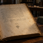Gros plan sur la dernière page d'un livre imprimé du XVIIe siècle posé sur une table d'archives, éclairée en lumière rasante.