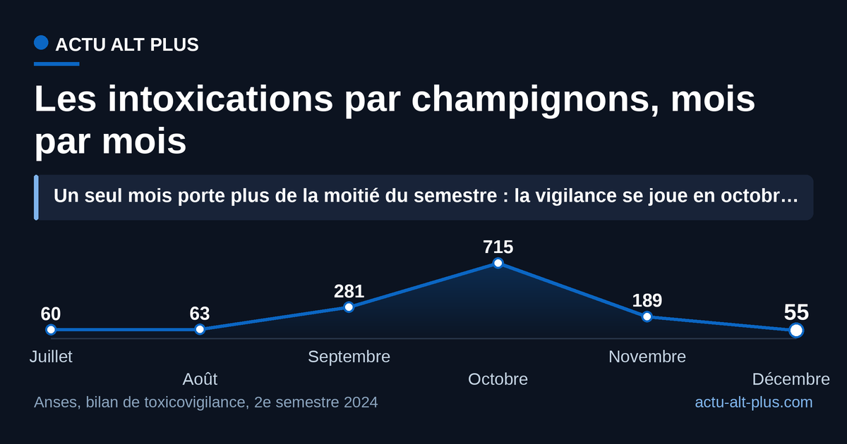 Octobre concentre 52,5 % des personnes symptomatiques du semestre, soit 715 des 1 363 cas. Limite : cas signalés aux centres antipoison, la sous-déclaration n’est pas mesurée.