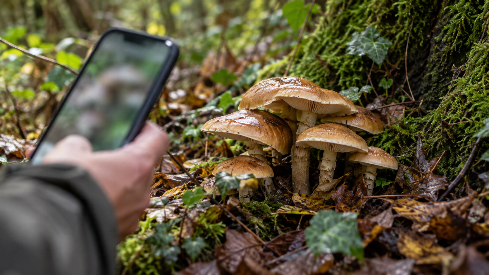 Une main tient un téléphone à l’écran flouté au-dessus de champignons, en sous-bois.