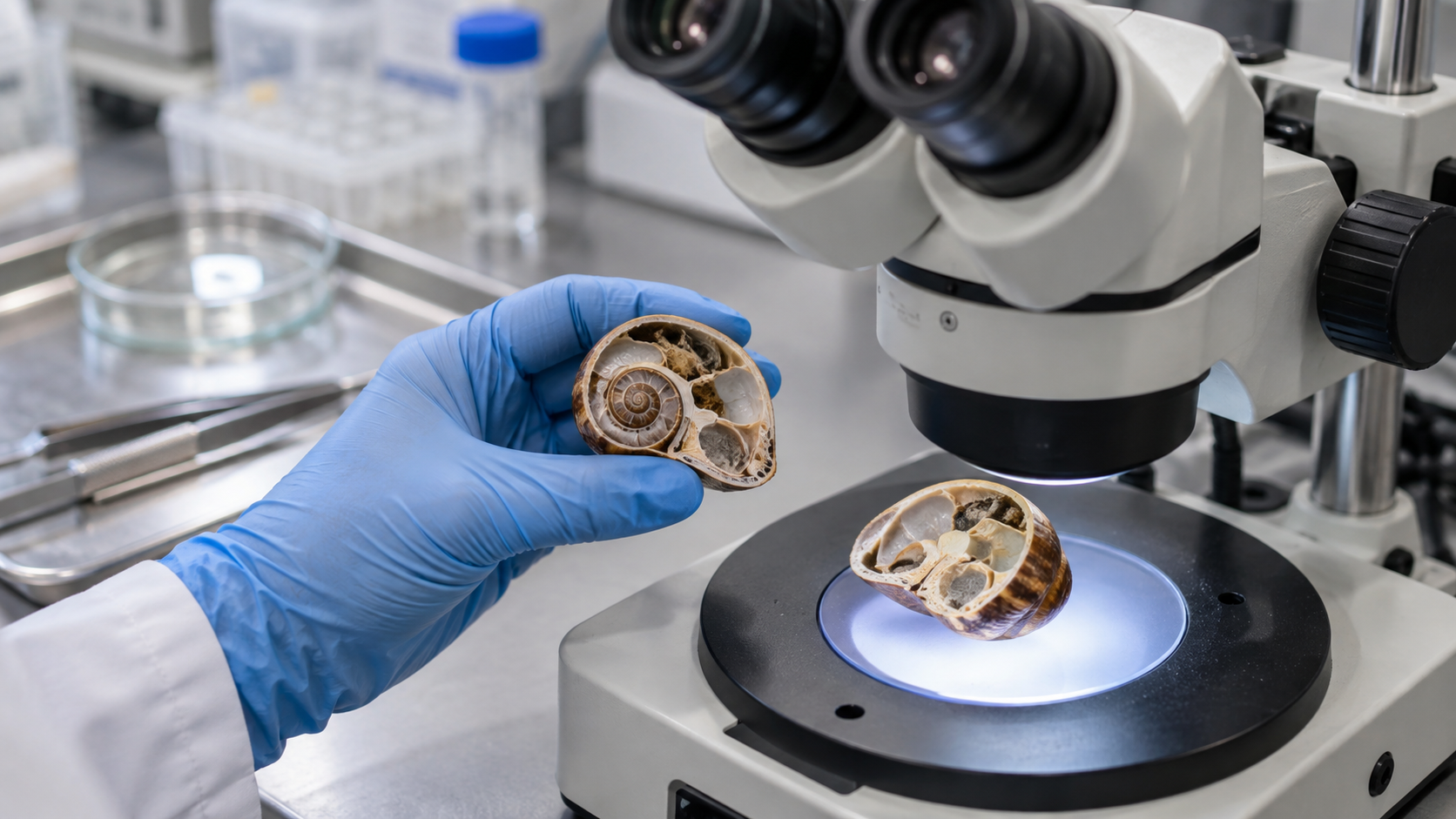 Une main gantée tient une coquille sciée en deux sous une loupe binoculaire de laboratoire.