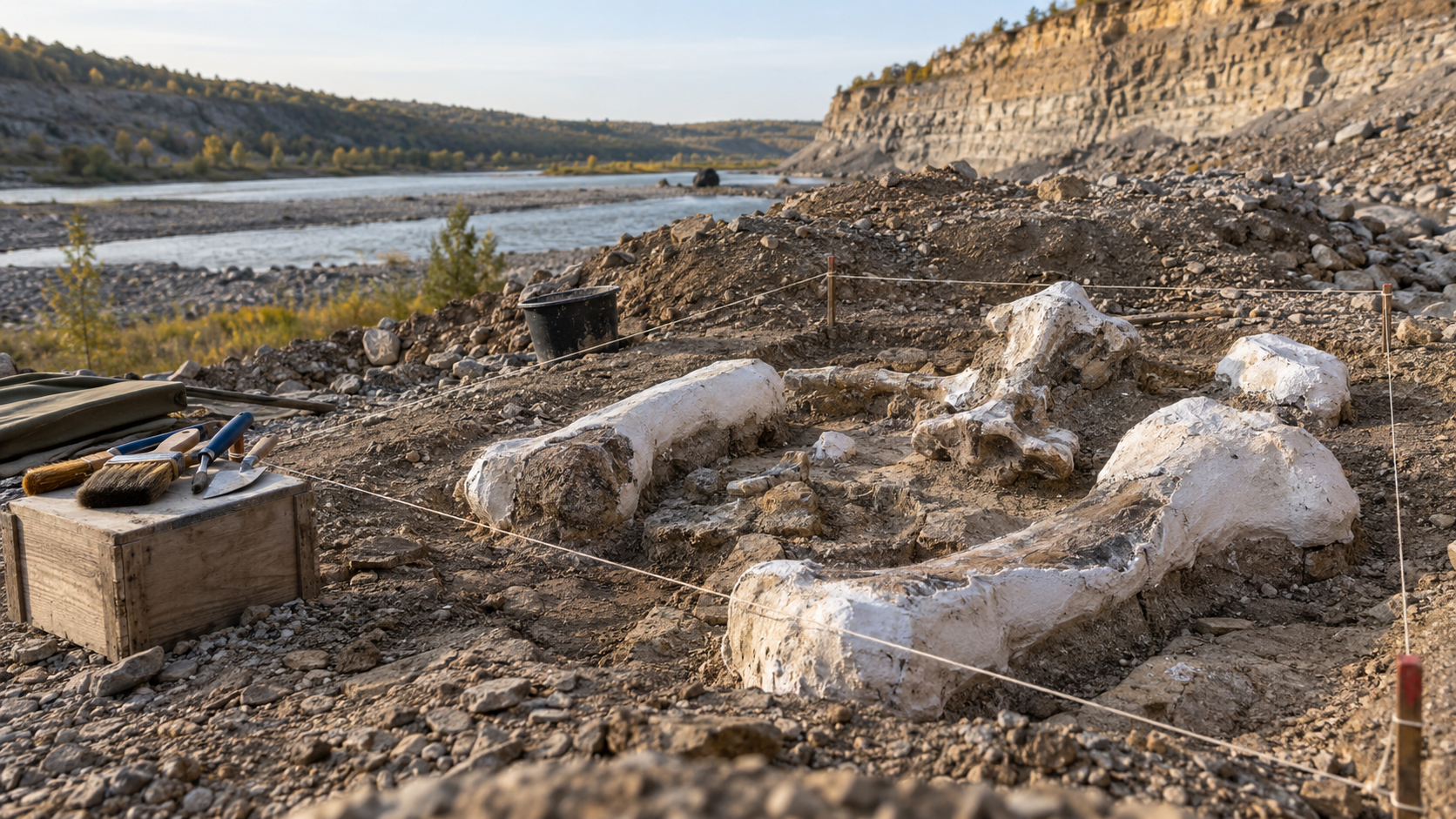 Sol d’une carrière de granulats en bord de rivière, carré de fouille délimité par des cordeaux et des piquets, gros ossements protégés par des coques de plâtre blanc, brosses et truelles posées sur une caisse