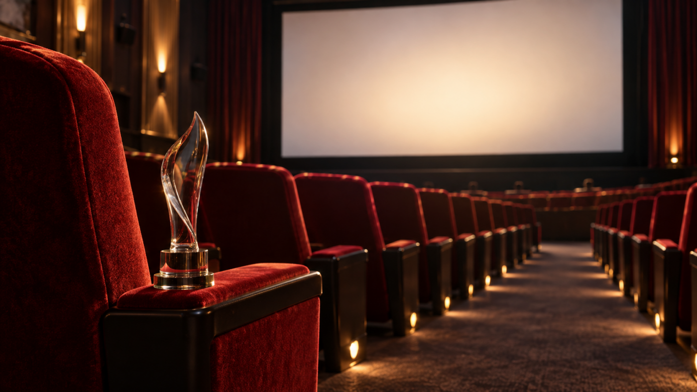 Salle de cinéma vide après une projection, fauteuils rouges alignés et écran encore allumé, une statuette de verre posée sur un accoudoir.