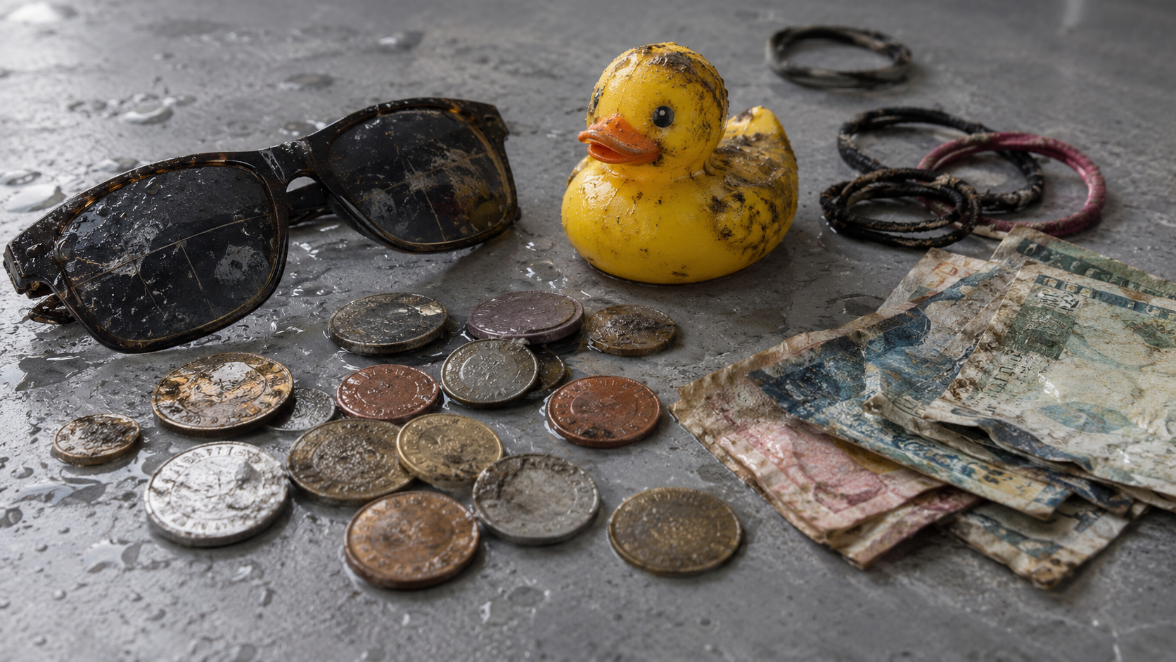 Petits objets étalés sur un établi gris : pièces de monnaie étrangères, billets humides, lunettes de soleil rayées, élastiques à cheveux et un canard en caoutchouc jaune.