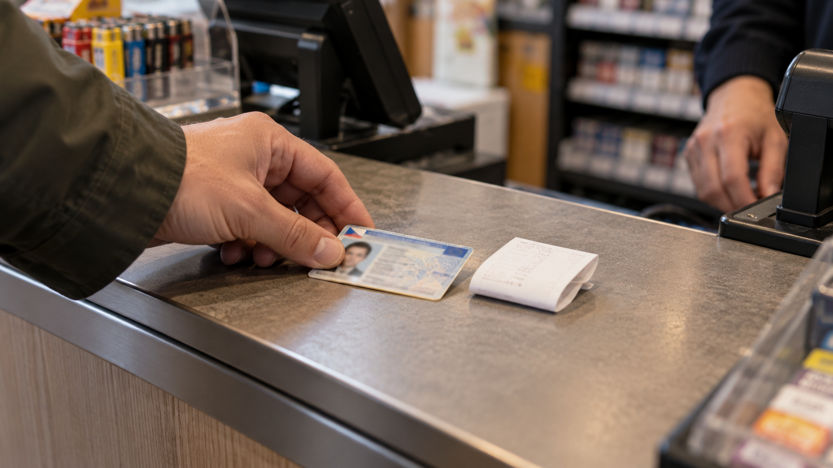 Une main pose une pièce d’identité et un petit reçu plié sur le comptoir d’un point de vente.