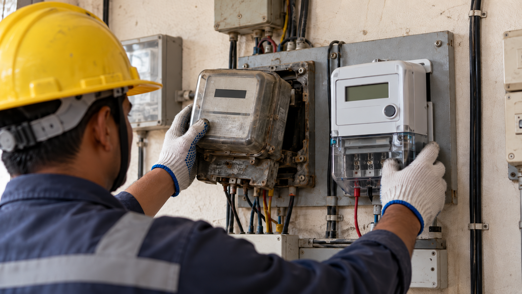 Les mains gantées d'un technicien remplaçant un vieux compteur électromécanique par un compteur numérique.