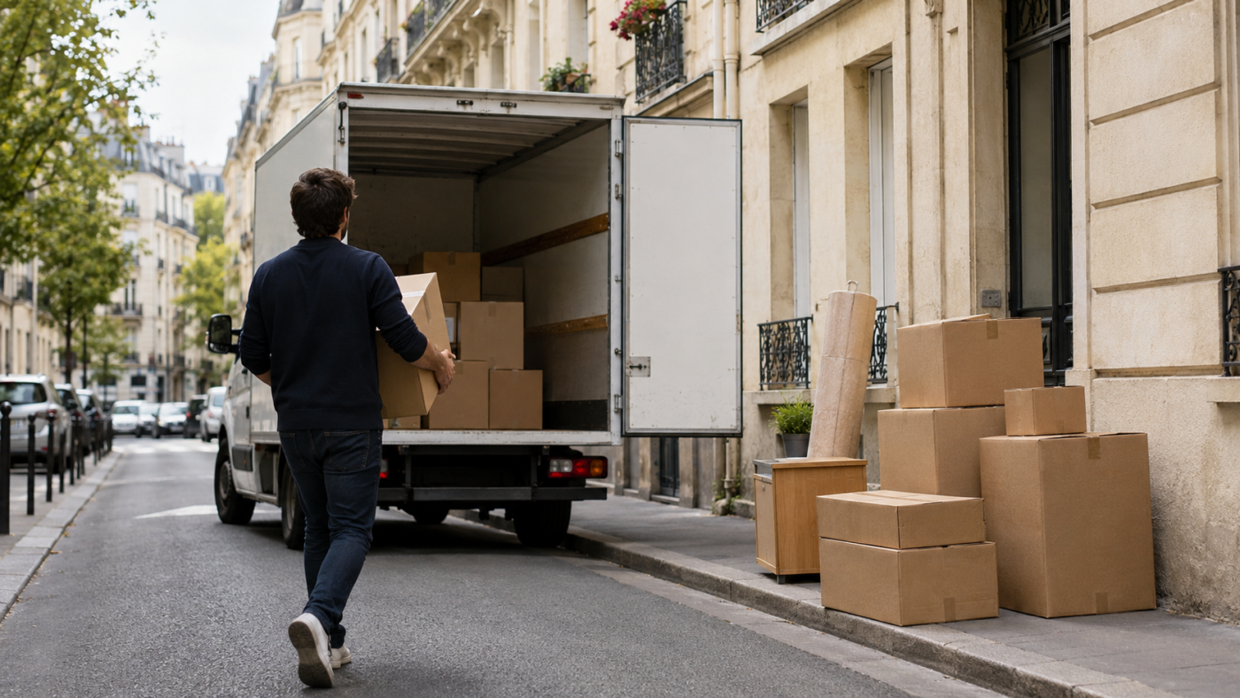 Un petit camion de déménagement aux portes ouvertes dans une rue de ville française, des cartons empilés sur le trottoir et une silhouette de dos portant une caisse.